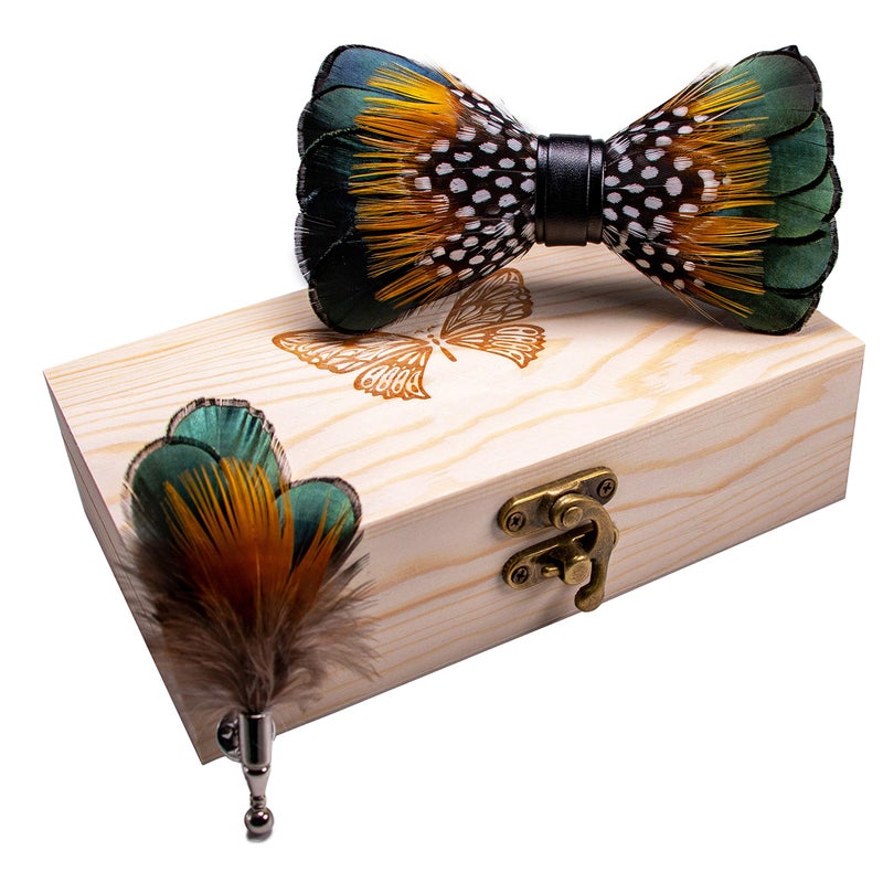 RBOCOTT Handmade Feather Pre-tied Bow tie and Brooch Sets for Men (green/yellow/white) - Image 5